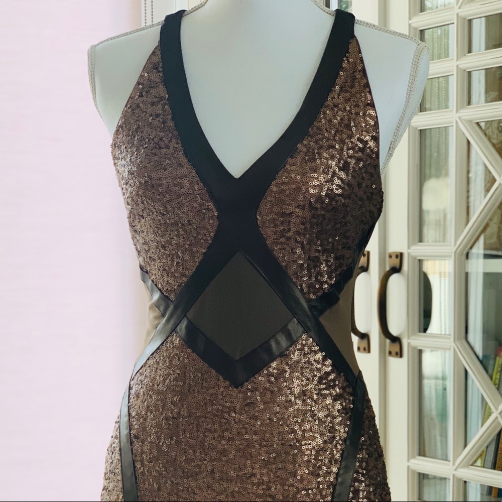 Bebe Brown/Gold Sequins & Leather Bodycon Dress